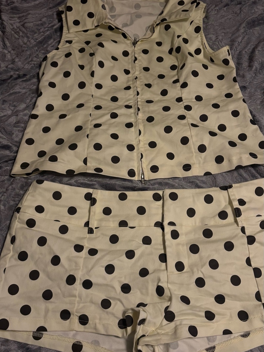 Cream and Black Polka Dot Two-Piece Skirt Set